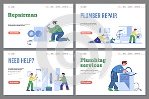 Web banners for plumbing repair service with professional workers plumbers.