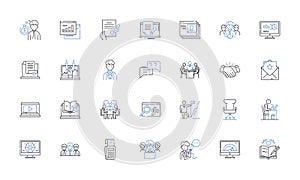 Web-based workforce line icons collection. Telecommuting, Remote, Freelancing, Outsourcing, Collaboration, Virtual photo