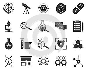 Web, biology. Bioengineering glyph icons set. Biotechnology for health, researching, materials creating. Molecular biology,