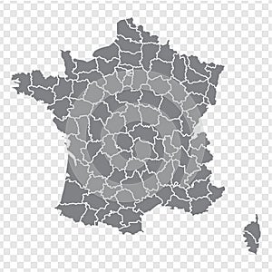 Blank map France. Departments of France map. High detailed gray vector map of France on transparent background for your web site d photo