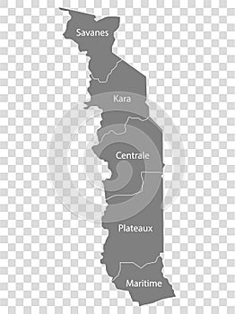 Blank map Republic of Togo in gray. Every region map is with titles. High quality map of  Togo with provinces on transparent backg