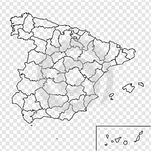 Blank map of Spain. Provinces of  Spain map. High detailed gray vector map Kingdom of Spain on transparent background