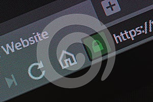 Web browser closeup on LCD with secure https url and visible pixels
