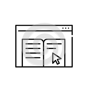 Web browser page with text and mouse click. Virtual book navigation and digital library access. Vector icon