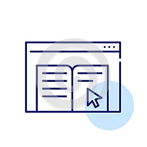 Web browser page with text and mouse click. Virtual book navigation and digital library access. Vector icon