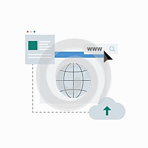 Web browser and cloud upload in flat vector illustration symbolizing internet connectivity, cloud computing, and data