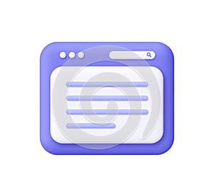 Web browser window with text lines and a search bar. User interface, online content, internet search and web development