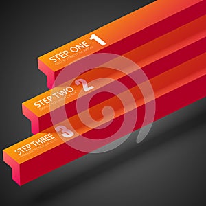 Web business infographic with orange straight bars and three steps on dark