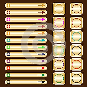 Web buttons, gold with assorted colored elements