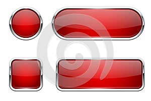 Web buttons. Red shiny icons with chrome frame