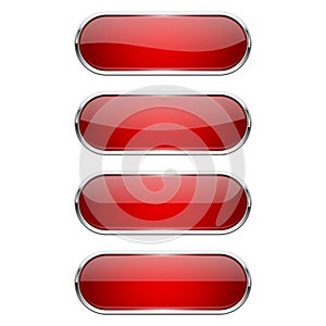 Web buttons. Red shiny oval icons with chrome frame