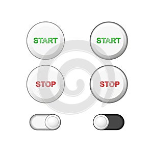 Web buttons set. Vector. White plastic round solid buttons. icons for internet: start, stop, slide button slider bar . Pressed