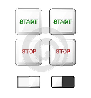 Web buttons set. Vector. White plastic round solid buttons. icons for internet: start, stop, slide button slider bar . Pressed