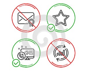 Web call, Star and Verified mail icons set. Update data sign. Phone support, Best rank, Confirmed e-mail. Vector