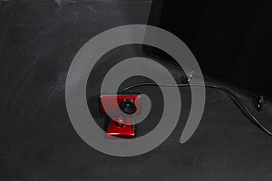 Web camera and tablet on blackboard. e-learning scool