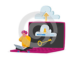 Web and Cloud Hosting Concept. Tiny Female Character Sit on Huge Laptop with Key on Screen. Virtual Storage, Computing