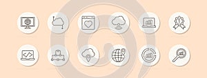 Web and cloud set icon. Global, cloud, network, data analysis, SEO, coding. Internet, technology concept. Vector line icons on