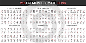 Web coding, programming and internet security, cloud computing thin line red black icons set
