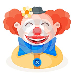 Colorful cartoon happy cute redhead clown character in funny small hat with flower, big bow and red nose. Circus show artist flat