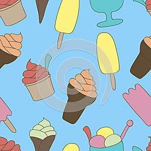 Colorful ice-cream seamless pattern. Light blue background. Summer food vector illustration. Sweet Frozen Desserts.