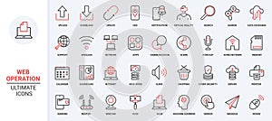 Web communication trendy red black thin line icons set, upload, download and update data and geo location