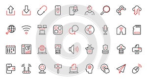 Web communication trendy red black thin line icons set, upload, download and update data and geo location