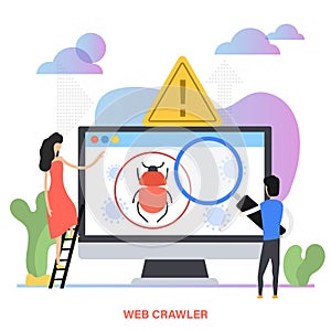 Web crawler vector illustration in flat style. People checking the website concept