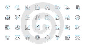 Web creation linear icons set. Design, Development, HTML, CSS, JavaScript, Bootstrap, UI line vector and concept signs