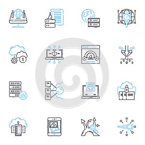 Web creation linear icons set. Design, Development, HTML, CSS, JavaScript, Bootstrap, UI line vector and concept signs photo