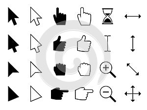 Web cursors. Digital hand finger pointers, choosing computer mouse click and arrows vector black icons