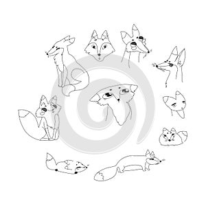 Cute cartoon foxes set. black and white vector