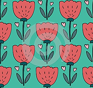 Cute seamless pattern vector background with hand drawn red tulip flower doodle with hearts in simple style on green.