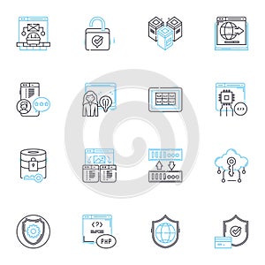 Web data linear icons set. Scraping, Extraction, Parsing, Analytics, Crawling, Harvesting, Aggregation line vector and
