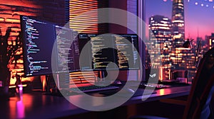 Night City Programmer Workspace Modern Desk Setup Coding Screens view neon dark code glow mouse