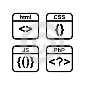 Web design, coding and programming flat vector icons se PHP, HTML, CSS, JS
