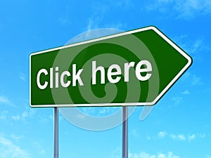 Web design concept: Click Here on road sign background