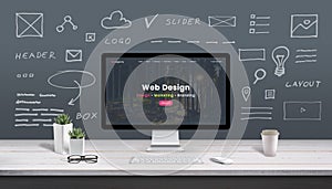 Web design concept with computer display, web theme and drawings of website, app parts