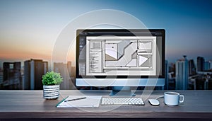 Web design concept with computer display, web theme and drawings of website, app parts. Modern design web page on computer display