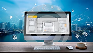 Web design concept with computer display, web theme and drawings of website, app parts. Modern design web page on computer display