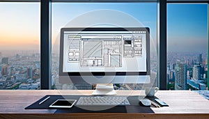 Web design concept with computer display, web theme and drawings of website, app parts. Modern design web page on computer display