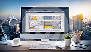 Web design concept with computer display, web theme and drawings of website, app parts. Modern design web page on computer display