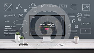 Web design concept with computer display, web theme and drawings of website, app parts photo