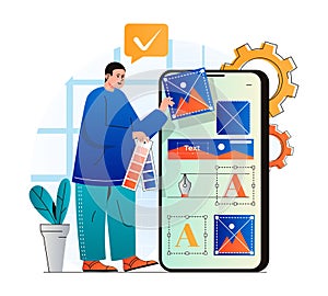 Web design concept in modern flat design. Man designer create and optimize graphic elements, choose colours palette. Developer