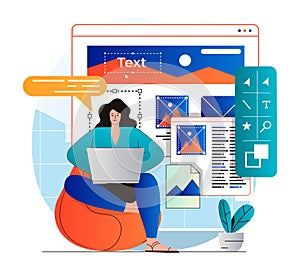 Web design concept in modern flat design. Woman designer create and optimize graphic elements, programming and testing. Developer