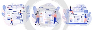 Web design concept. Tiny people building webpage. Website interface design. Software development process. Programming