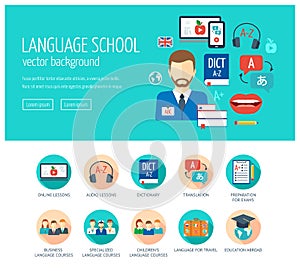 Web design concept for website and landing page for foreign language school and courses. Web banner. Flat design. Vector