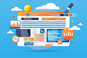 Web design. 3D UI render graphic. Website software. Internet interface creating. Digital developers. Computer webpage