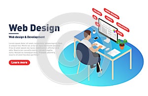 Web design and development concept. Web designer is working on computer. Designer, programmer and modern workplace in isometric pr