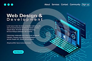 Web design and development vector isometric illustrations. web design development concept programming language program code big