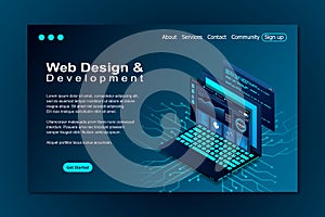 Web design and development vector isometric illustrations. web design development concept programming language program code big